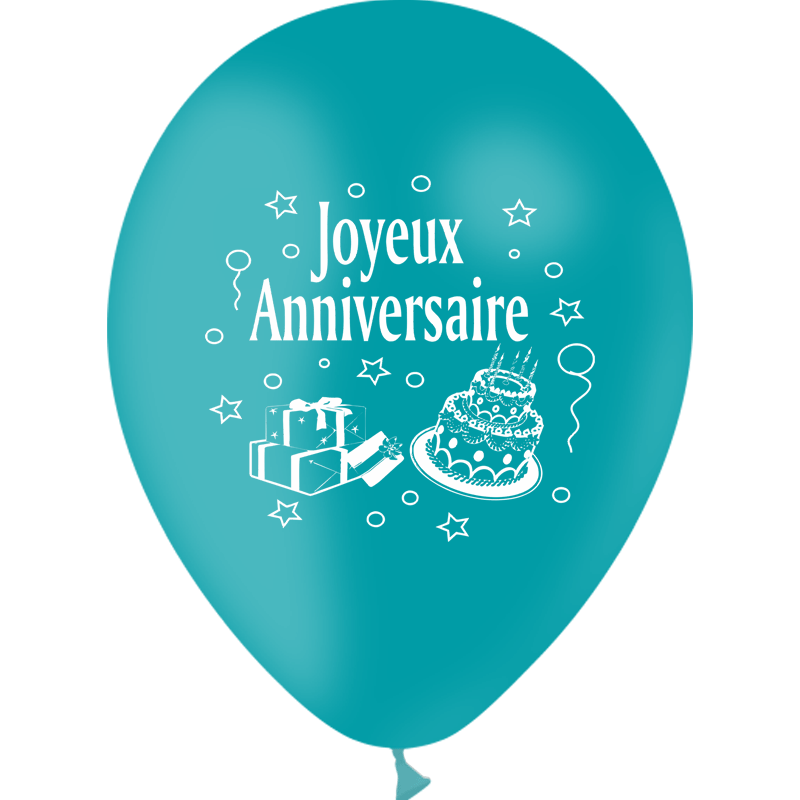 10 Ballons Latex HG95 Joyeux Anniversaire Turquoise - PMS