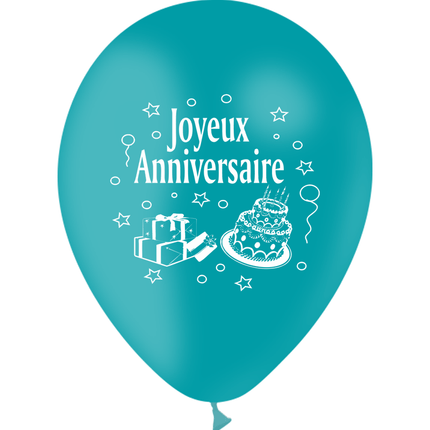 10 Ballons Latex HG95 Joyeux Anniversaire Turquoise - PMS