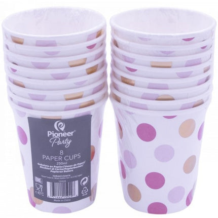 8 Verres Plastifiés Pink & Gold Dots - Qualatex