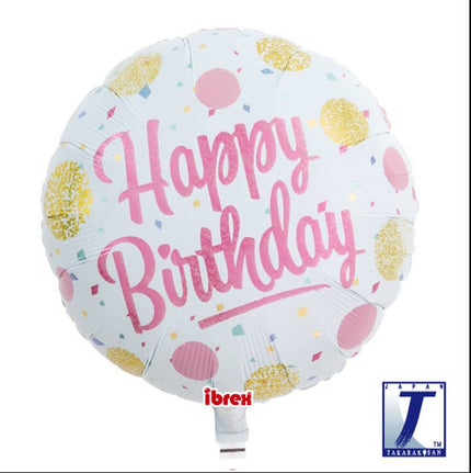 Ballon Aluminium 14″ Happy Birthday Pink & Gold Dots – Takarakosan