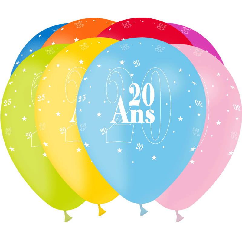 8 Ballons Latex HG95 20 Ans Assortis - PMS