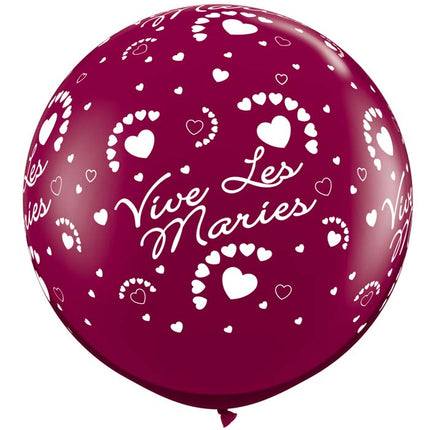 2 Ballons latex 3' Vive les Mariés Cœurs Bordeaux Cristal
