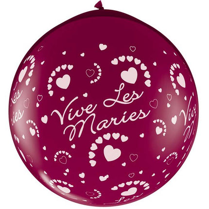 2 Ballons latex 3' Vive les Mariés Cœurs Bordeaux Cristal sens AIR