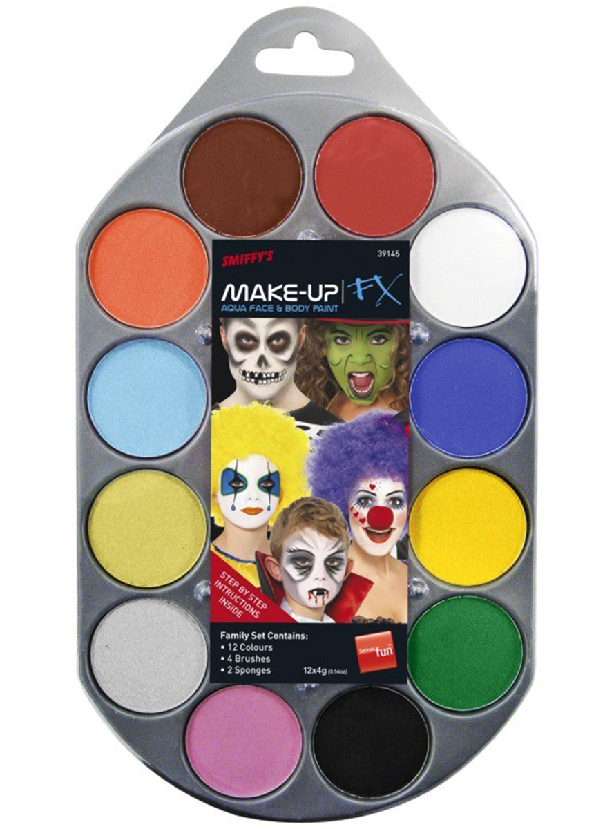 Maquillage FX à l'eau 12 couleurs | maquillage facial , du corps, 4 pinceaux , 2 éponges | J2F Shop
