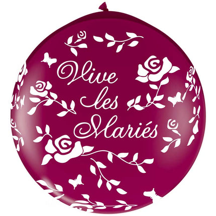 2 Ballons latex 3' Vive Les Mariés Roses Bordeaux cristal sens AIR