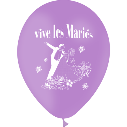 10 Ballons Latex HG95 Vive les Mariés Lilas - PMS