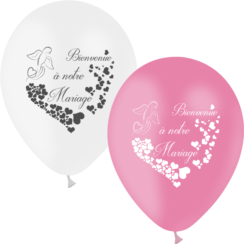 10 Ballons Latex HG95 Bienvenue à Notre Mariage Rose & Blanc - PMS