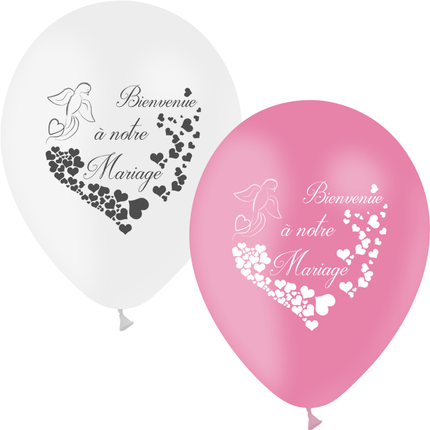 10 Ballons Latex HG95 Bienvenue à Notre Mariage Rose & Blanc - PMS