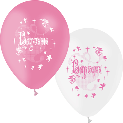 10 Ballons Latex HG95 Baptême Blanc & Rose - PMS