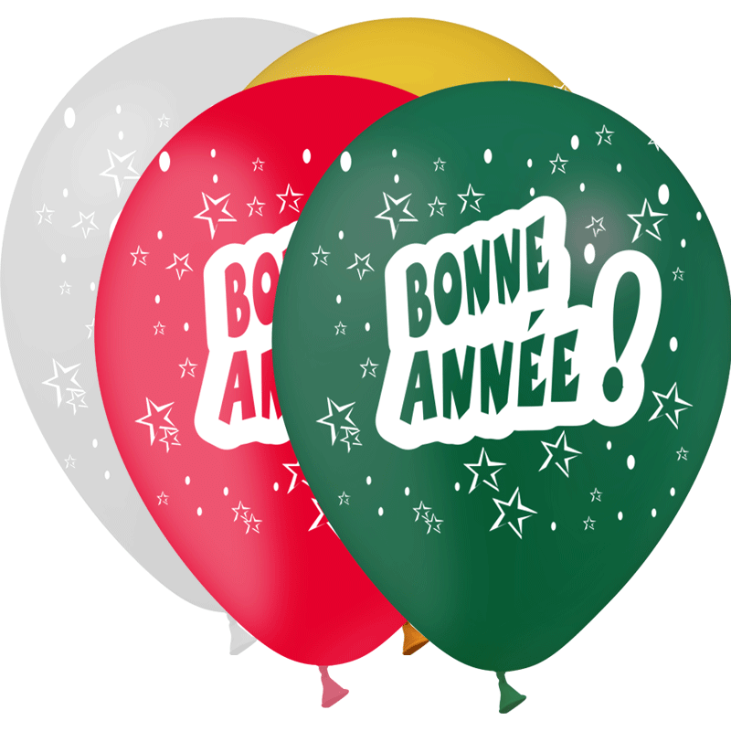 100 Ballons Latex HG95 Bonne Année Assortiment - PMS