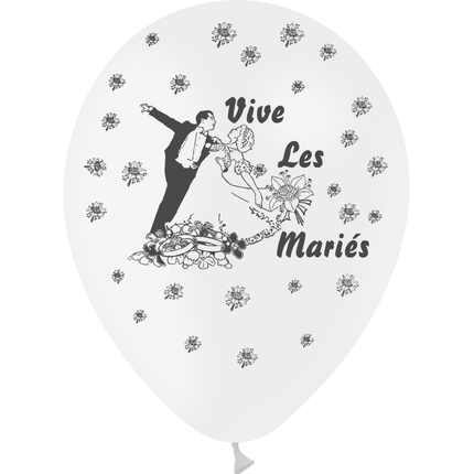 8 Ballons Latex HG95 Vive les Mariés Couple Blanc - PMS