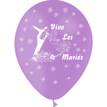 8 Ballons Latex HG95 Vive les Mariés Couple Lavande - PMS