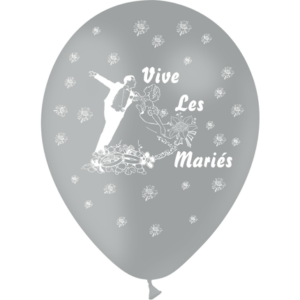 8 Ballons Latex HG95 Vive les Mariés Couple Gris - PMS