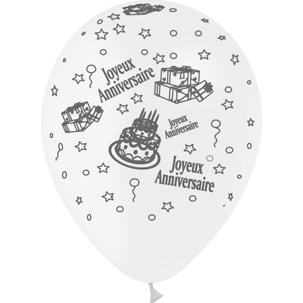 8 Ballons Latex HG95 Joyeux Anniversaire Blanc - PMS