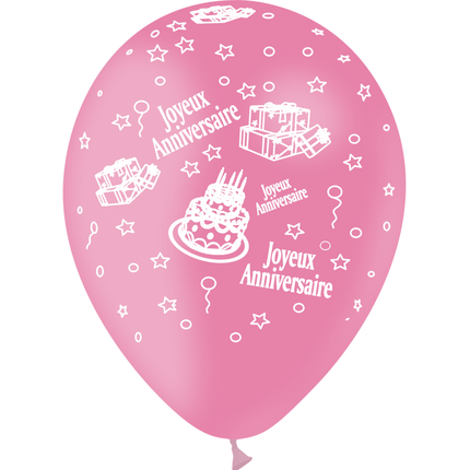 8 Ballons Latex HG95 Joyeux Anniversaire Rose - PMS