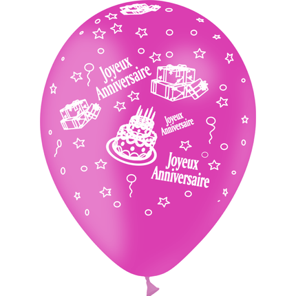 8 Ballons Latex HG95 Joyeux Anniversaire Fuchsia - PMS