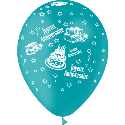 8 Ballons Latex HG95 Joyeux Anniversaire Turquoise - PMS