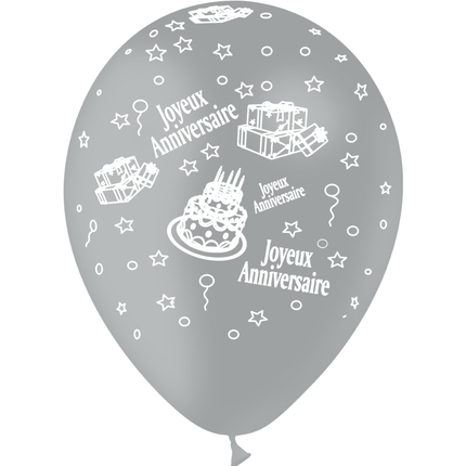 8 Ballons Latex HG95 Joyeux Anniversaire Gris - PMS