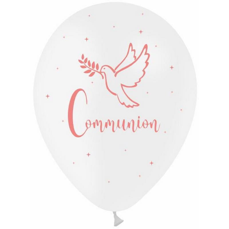 8 Ballons Latex 30cm TAT Communion Blanc Impression Rose - PMS