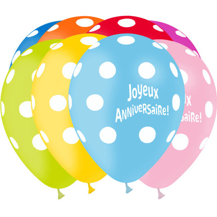 25 Ballons Latex HG112 Joyeux Anniversaire Pois Assortiment - PMS