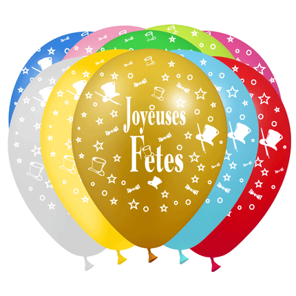 8 Ballons Latex HG95 Joyeuses Fêtes Métal Assortis - PMS