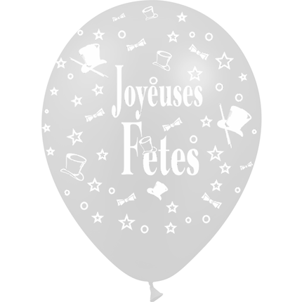 8 Ballons Latex HG95 Joyeuses Fêtes Argent - PMS