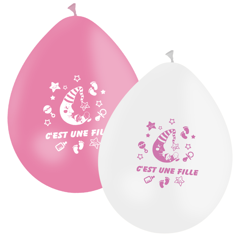10 Ballons Latex HG95 C'est une Fille Blanc & Rose - PMS