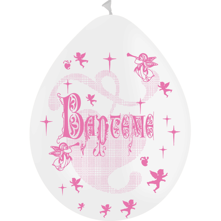 8 Ballons Latex HG95 Baptême Fille Blanc & Rose - PMS