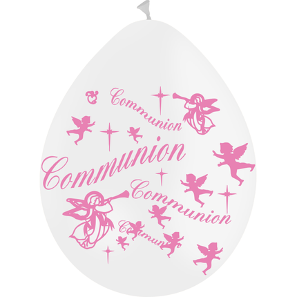 8 Ballons Latex HG95 Communion Fille Blanc & Rose - PMS