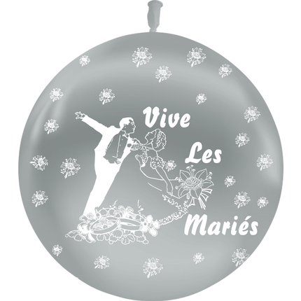 Ballon Latex 3' Vive les Mariés Couple Métal Argent - PMS