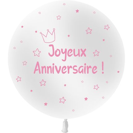 1 Ballon Latex 3' Anniversaire Kids Blanc & Rose Hélium - PMS