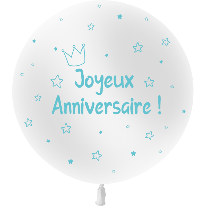 1 Ballon Latex 3' Anniversaire Kids Blanc & Bleu Hélium - PMS