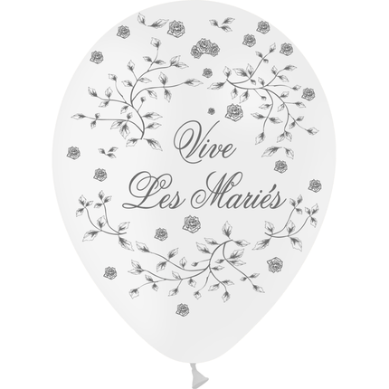 8 Ballons Latex HG95 Vive les Mariés Petites Roses Blanc - PMS