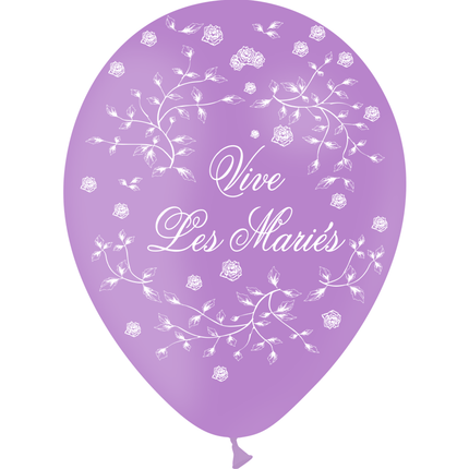 8 Ballons Latex HG95 Vive les Mariés Petites Roses Lavande - PMS