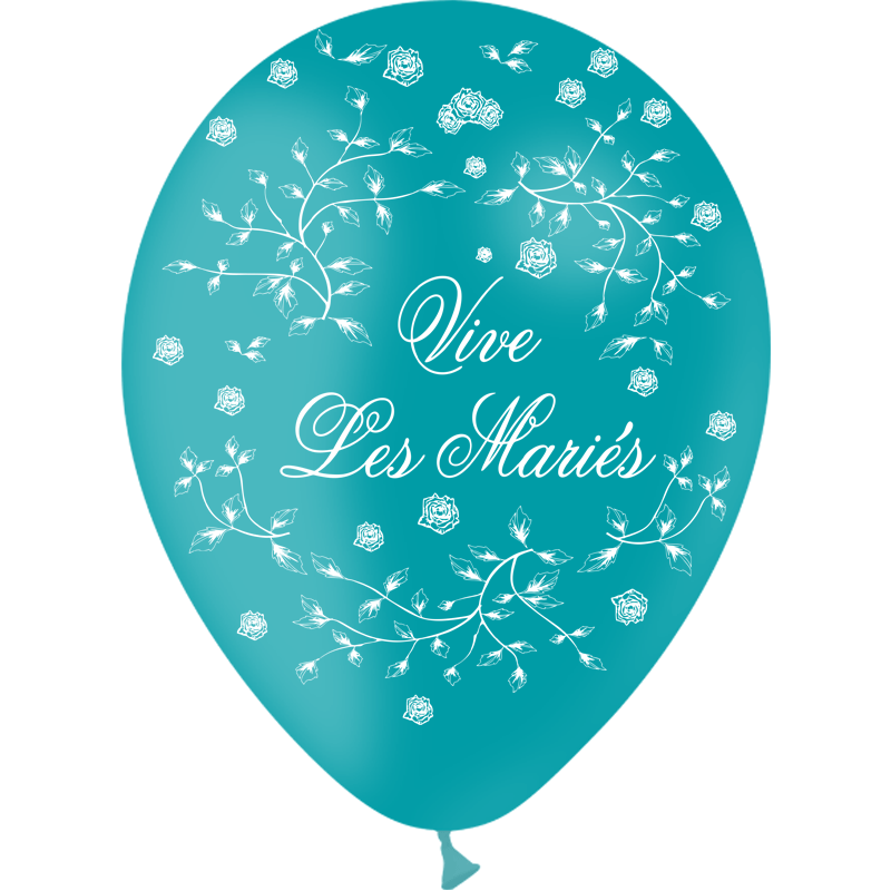 8 Ballons Latex HG95 Vive les Mariés Petites Roses Turquoise - PMS