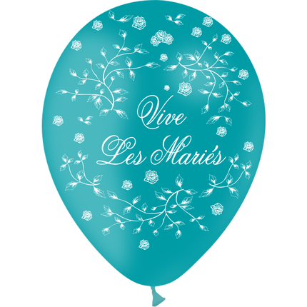 8 Ballons Latex HG95 Vive les Mariés Petites Roses Turquoise - PMS