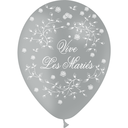 8 Ballons Latex HG95 Vive les Mariés Petites Roses Gris - PMS